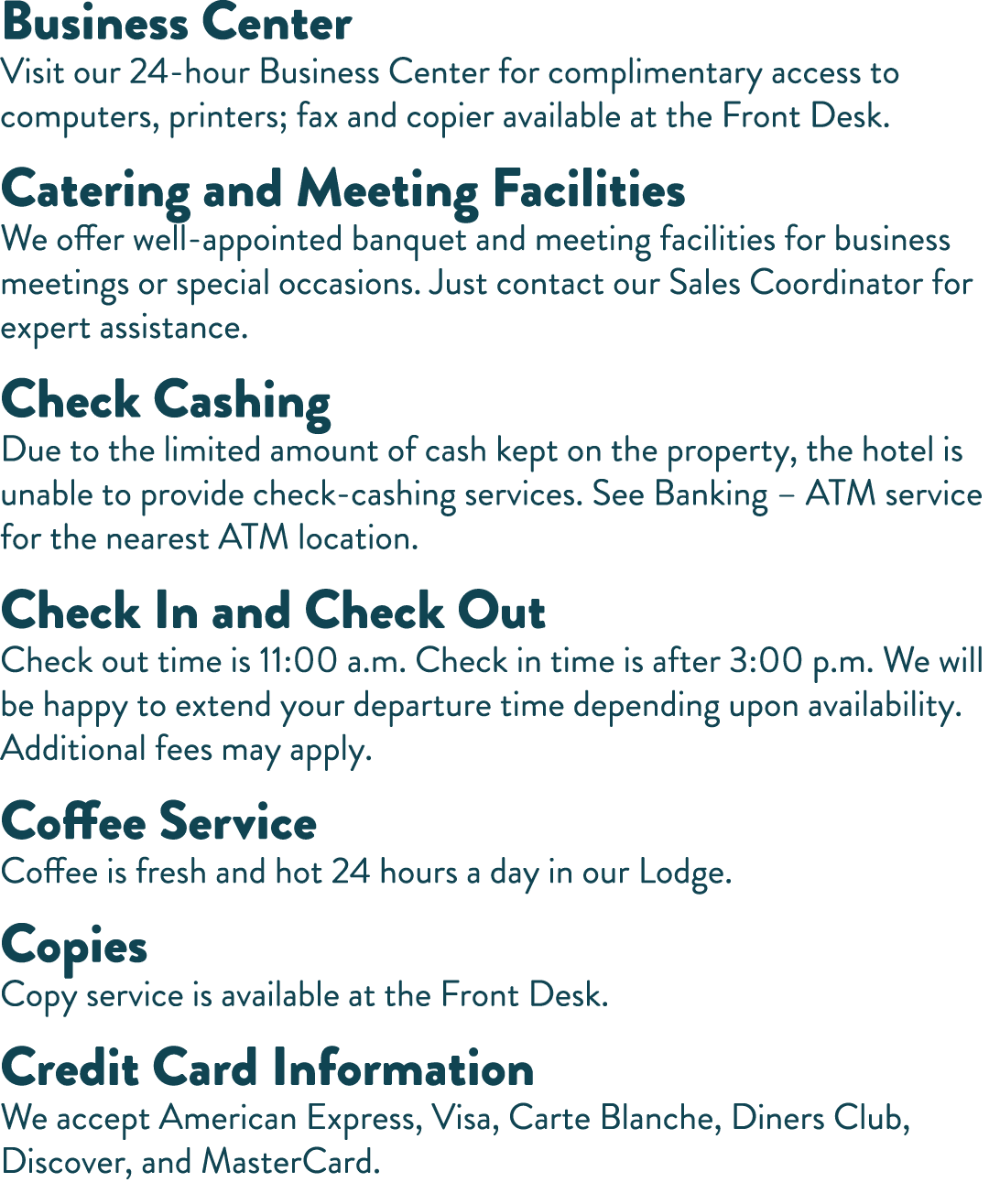 Business Center Visit our 24-hour Business Center for complimentary access to computers, printers; fax and copier ava   