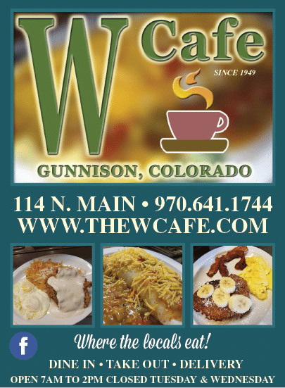 A flyer advertises a restaurant called The W Cafe, located in Gunnison, Colorado. The flyer features a picture of a plate of food and a cup of coffee. The restaurant offers takeout and delivery services. AI generated content