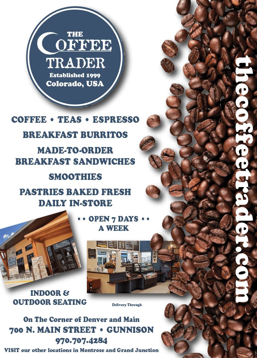 A coffee shop advertisement with a picture of coffee beans and a sign that says “The Coffee Trader". Description generated by AI