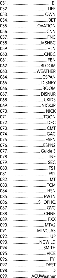 051 E! 052 LIFE 053 OWN 054 BET 055 OVATION 056 CNN 057 FNC 058 MSNBC 059 HLN 060 CNBC 061 FBN 062 BLOOM 063 WEATHER ...