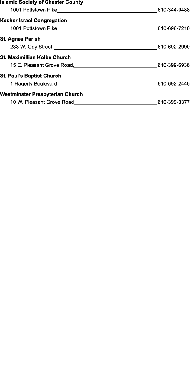 Islamic Society of Chester County 1001 Pottstown Pike 610 344 9488 Kesher Israel Congregation 1001 Pottstown Pike 610...