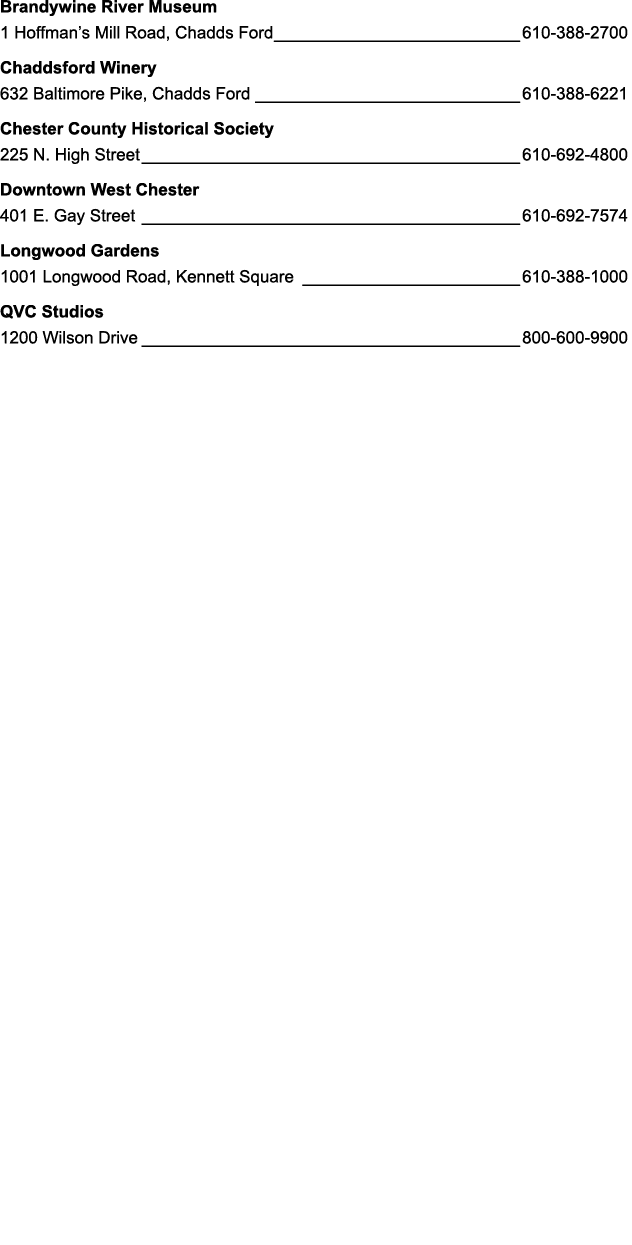 Brandywine River Museum 1 Hoffman’s Mill Road, Chadds Ford 610 388 2700 Chaddsford Winery 632 Baltimore Pike, Chadds ...